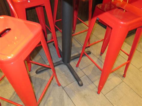 Bar-Height Pedestal Table (48" x 30" x 42"H) w/ 4 Red Metal Chairs - Oahu Auctions