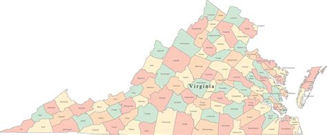 Multi Color Virginia Map with Counties and County Names