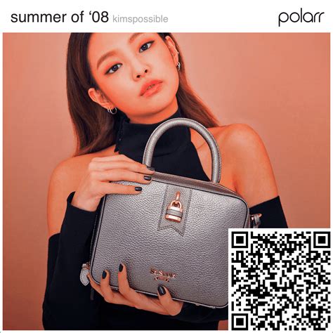 a woman holding a silver purse with qr code in front of her face and an ad for polar