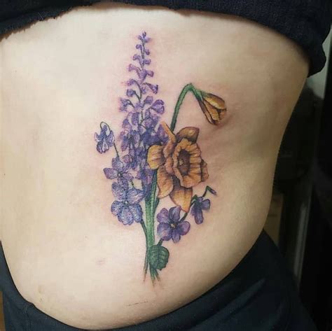 Larkspur tattoo, Violet tattoo, Tattoos for daughters