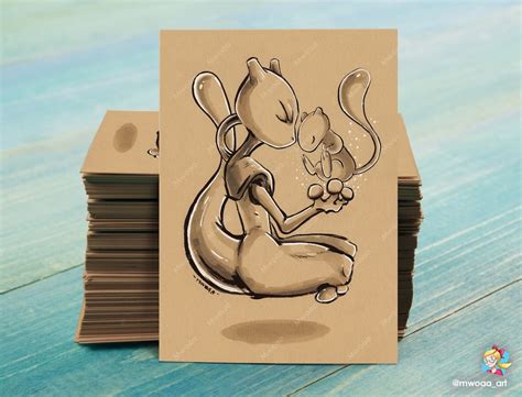 Mew and Mewtwo A5 Black and White Pokémon Illustration Print, Black Ink ...