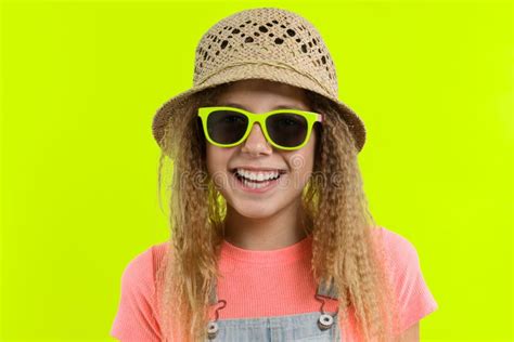 Summer Portrait of Smiling Teen Girl in Straw Hat Sunglasses Over Yellow Studio Background Stock ...