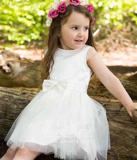 Short Toddler White Satin & Tulle Flower Girl Dress - Promfy