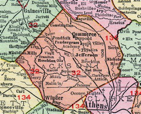 Jackson County, Georgia, 1911, Map, Jefferson, Commerce, Maysville ...