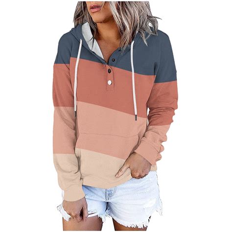 RQYYD Color Block Hoodies for Women Casual Button Down Drawstring ...