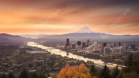 Portland City Skyline At Sunset On Mountain In The Background, Picture ...