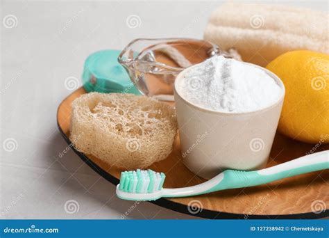 Bowl with Baking Soda, Lemon and Cleaning Items Stock Photo - Image of items, luffa: 127238942