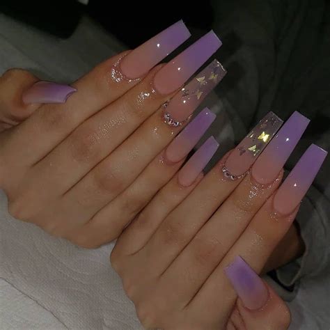 Purple Ombre Coffin Nails With Diamonds - ksiazkomol