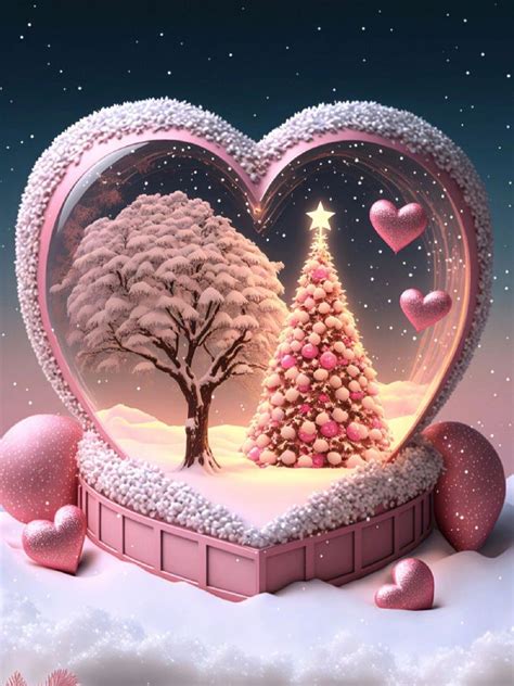 a heart - shaped box with a christmas tree inside, surrounded by pink balls and hearts