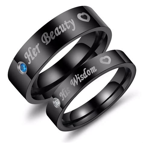 Fashion Black Couple Rings Jewelry Lovers Her beauty and His wisdom Stainless Steel Heart ...