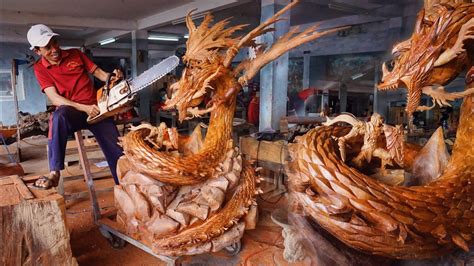 Wood carving - Lord Warrior fighting Dragon - Multiplatform MMORPG Gran Saga Huge Sculpture ...