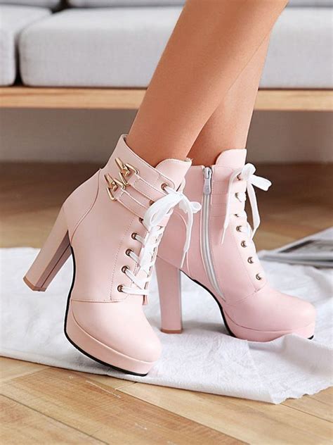 Pink Round Toe Chunky Heel High Heel Lace-up Platform Ladies Mart- # chunky ..., #chunky #He ...