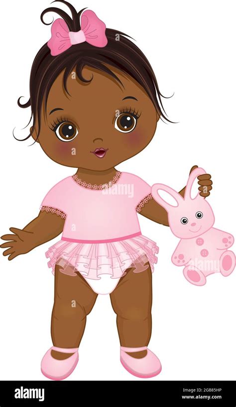 Little African American Baby Girl Holding Bunny Toy. Vector Cute Baby ...