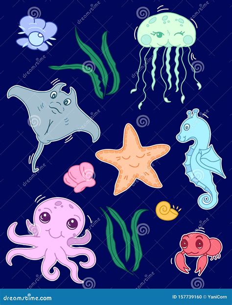 Set of Cute Sea Creatures, Kawaii Cartoon Drawn Ocean Animals, Baby Editable Vector Illustration ...