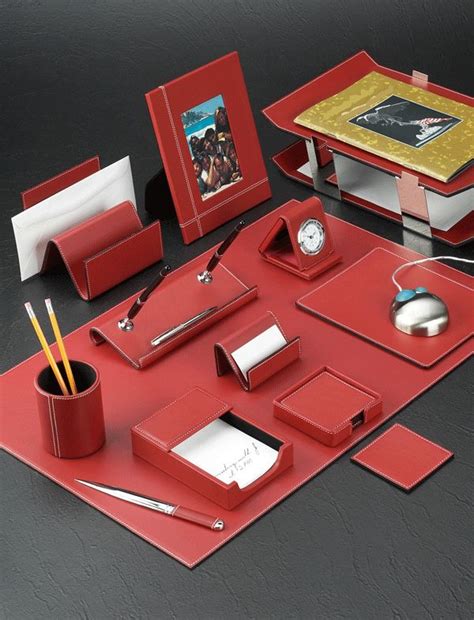 Red Leather Desk Collection with Chrome-Plated Brass Accents | Leather desk accessories, Leather ...