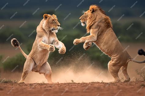 Premium Photo | Two lions fighting with each other in a field Generative AI