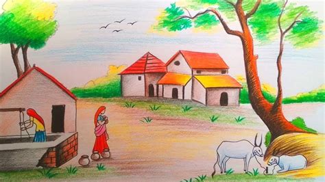 How to draw village scenery with Cow and Grameen Women | Scenery paintings, Landscape drawings ...