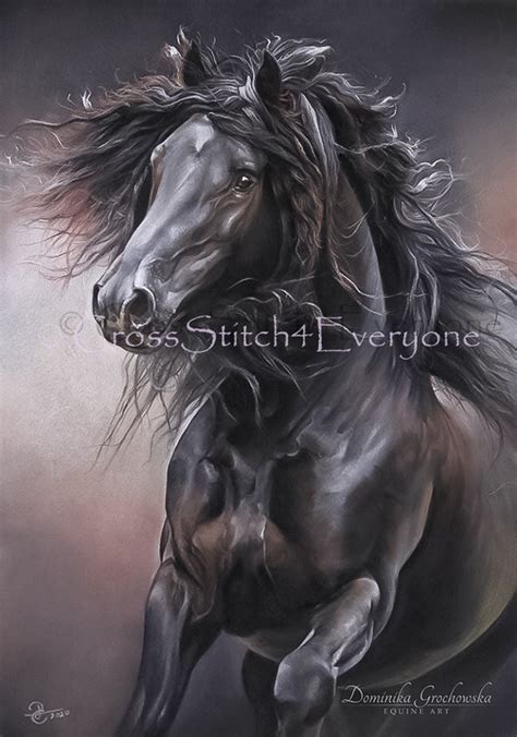 Black Friesian draft horse wild mane counted cross stitch | Etsy