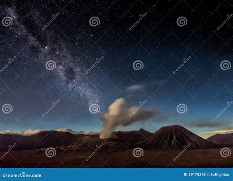 Night Sky and Milky Way Galaxy Above Mount Bromo Volcano. Stock Image ...