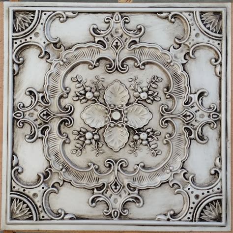 PL19 faux pressed tin finishes ceiling tiles antique white color 3D embossed photographie ...