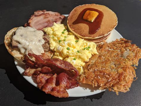 My Grand Slam style breakfast. Buttermilk pancakes, eggs, hash brown ...