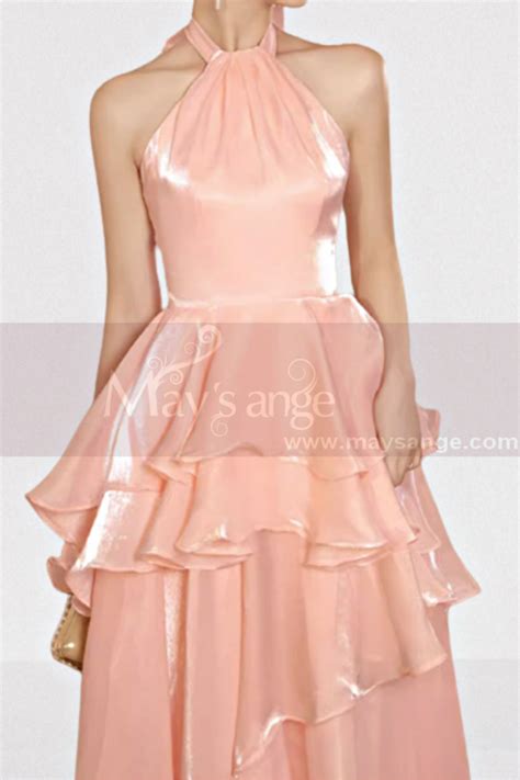 Long shiny salmon pink evening dress