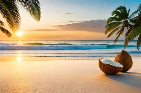 Premium Photo | A coconut on a beach at sunset