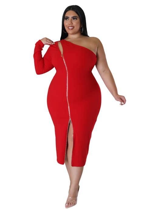 Final Sale Plus Size One Shoulder Long Sleeve Zip Up Midi Dress in Red – Chic And Curvy