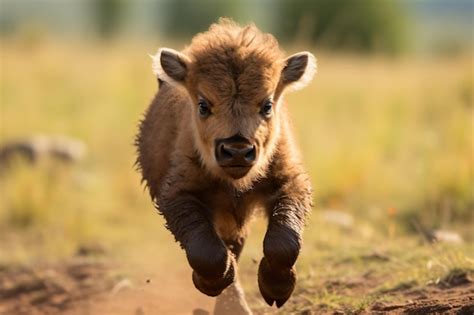 Premium AI Image | a baby bison running across a dirt field