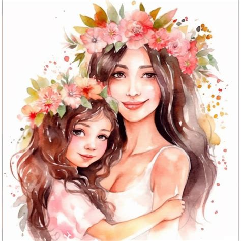 watercolor beautiful latin mother and daughter, black hairs, cute, model face, clipart, white ...