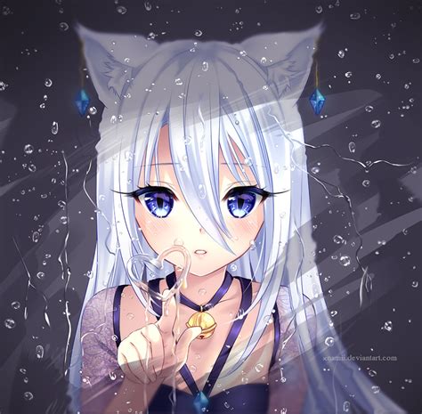 Hình nền : Anime cô gái, tai mèo, mắt mèo, tóc trắng, Nước, giọt nước, DeviantArt, mắt xanh, yêu ...