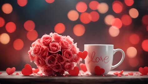 Premium Photo | Valentines Day mug and bouquet of flowers