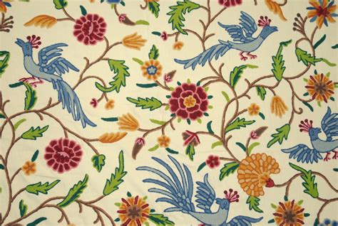 Cotton Crewel Embroidered Fabric "Birds" Cream, Multicolor #BRD333 - Best of Kashmir