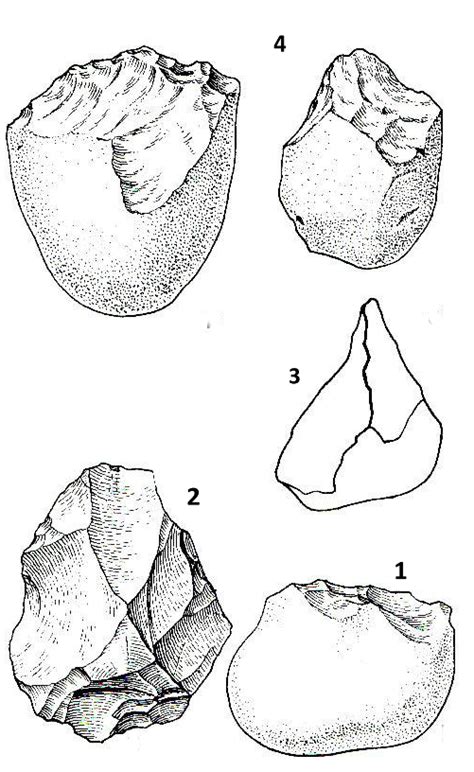 Lower Paleolithic stone utensils. Oldowan: 1 A chopper from the Vallonet cave; 2 Sterkfontein ...