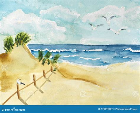 Handmade Watercolor Drawing of Seashore Stock Illustration - Illustration of bird, evening ...