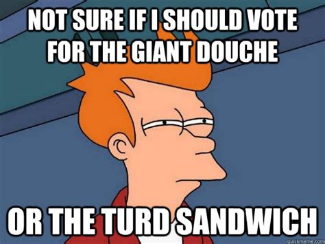 Not sure if I should vote for the Giant Douche Or the Turd Sandwich - Futurama Fry - quickmeme