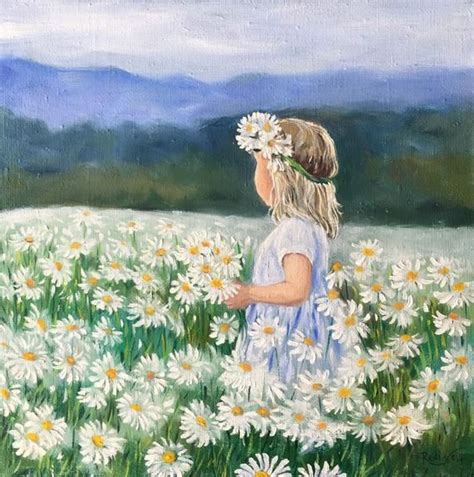 Little girl with daisy flowers original painting on canvas, chamomile flowers handmade canvas ...