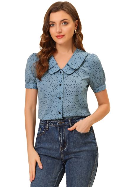 DARING DIVA Women's Polka Dots Peter Pan Collar Puff Sleeve Shirt XL ...