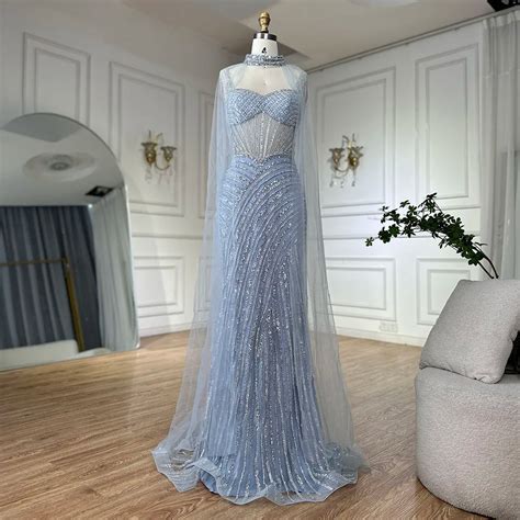 Luxury Nude Beaded Mermaid Evening Dress With Cape Sleeves LA72860