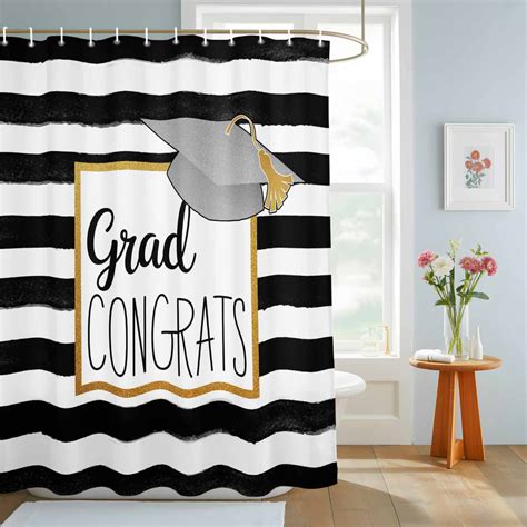 Bathroom Shower Curtain Graduation Hat Golden Lines Border Waterproof