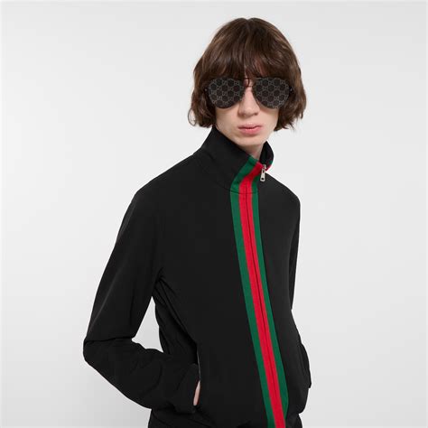 Stretch nylon zip jacket with Web in black | GUCCI® SG