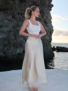 Turnttoni Falda larga básica de unicolor para mujeres, conjunto de ropa