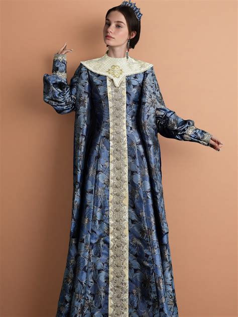 Vintage Royal Blue Medieval Dress – Byzantine Court Dress with High Co