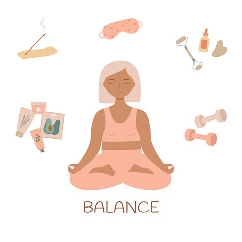 Young woman sitting cross-legged and self care elements set. Healthy