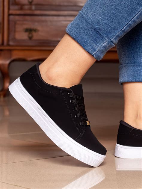 Tenis Casual Feminino Confortável - Tênis Feminino Casual Confortável Básico Antiderrapante Preto Branco ...