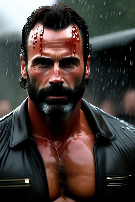 Lexica - Rick grimes with his chest out dripping wet in a rainstorm