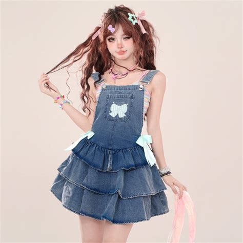 summer sweet princess style blue denim suspender skirt kawaii fashion