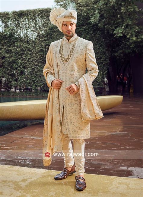 Groom wear lucknowi work sherwani in golden cream – Artofit