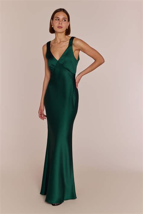 amelia forest green satin bridesmaid dress bias cut maxi sizes