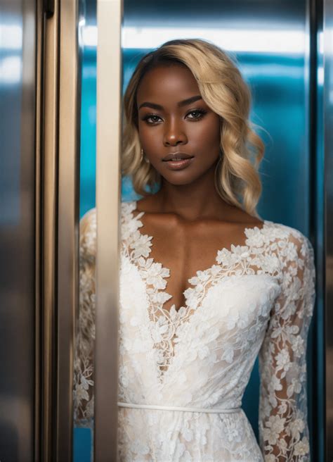Lexica - Beautiful woman, dark skin, blond hair, in a white lace dress